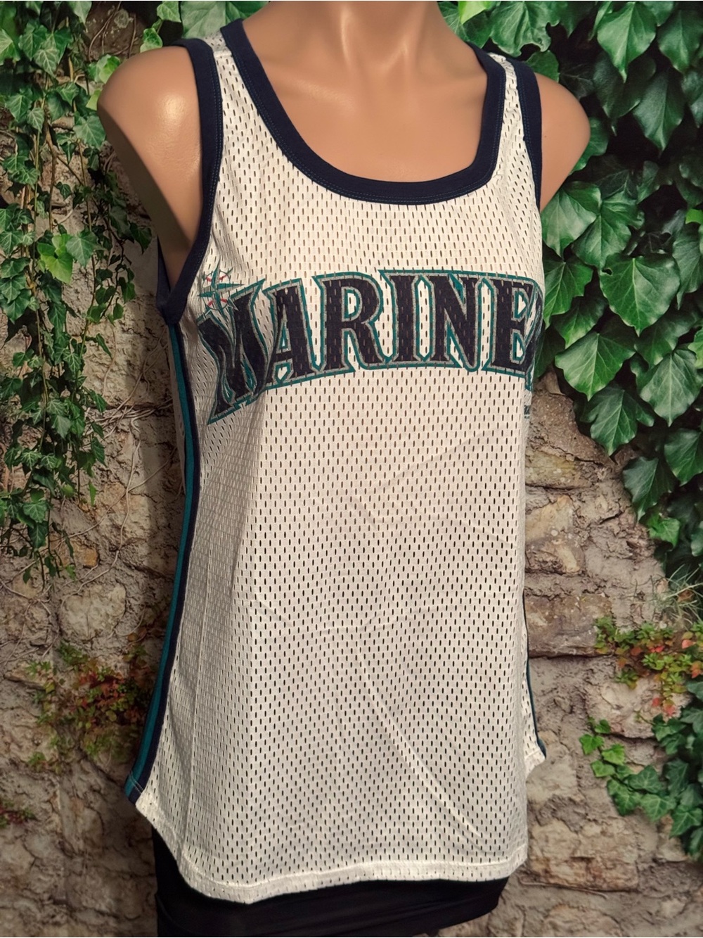 Seattle Mariners Mesh Basketball Jersey Tank Top - White with Navy & Teal